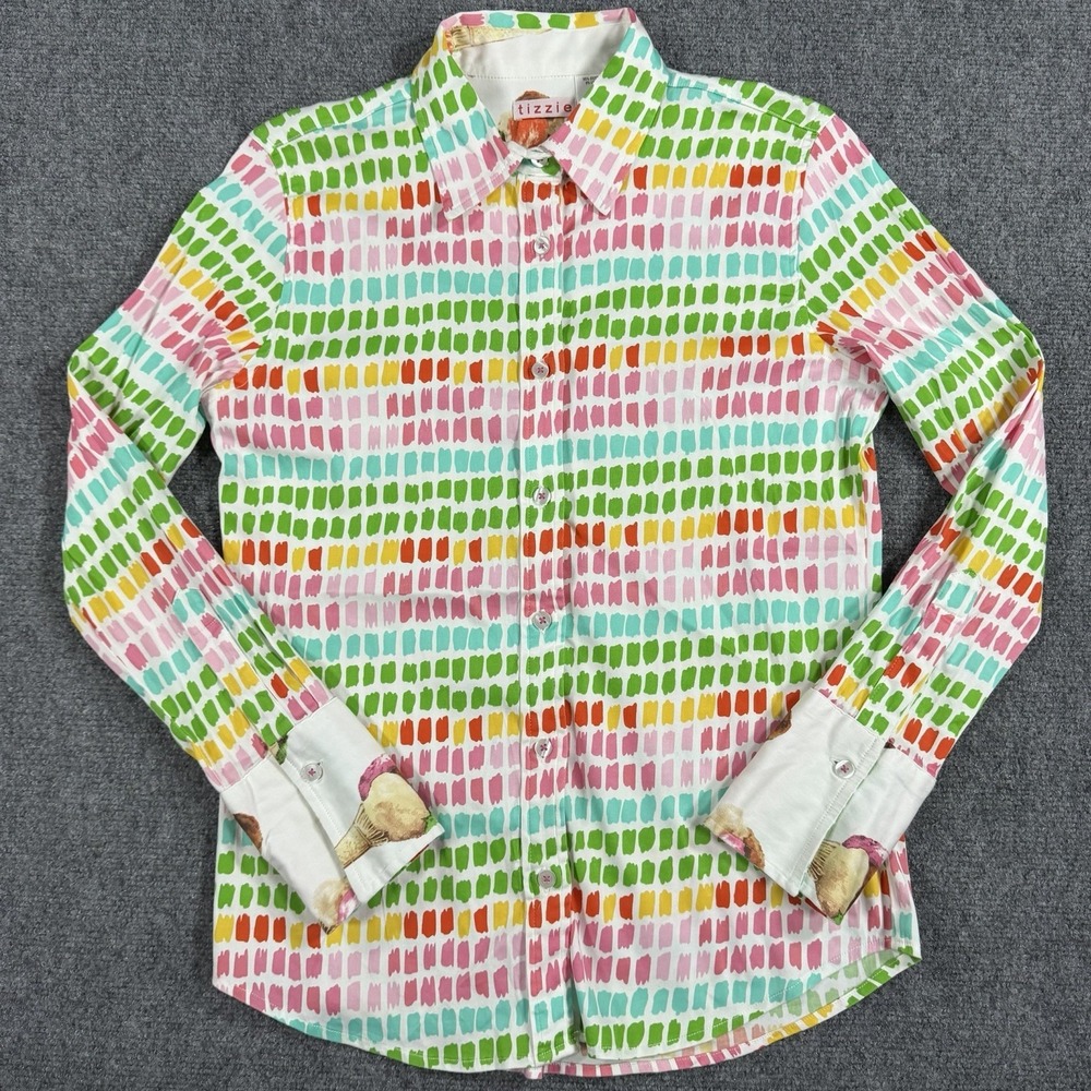Tizzie Top Womens Small Multicolor Art Button Up Contrast Cuff Stretch Button Up